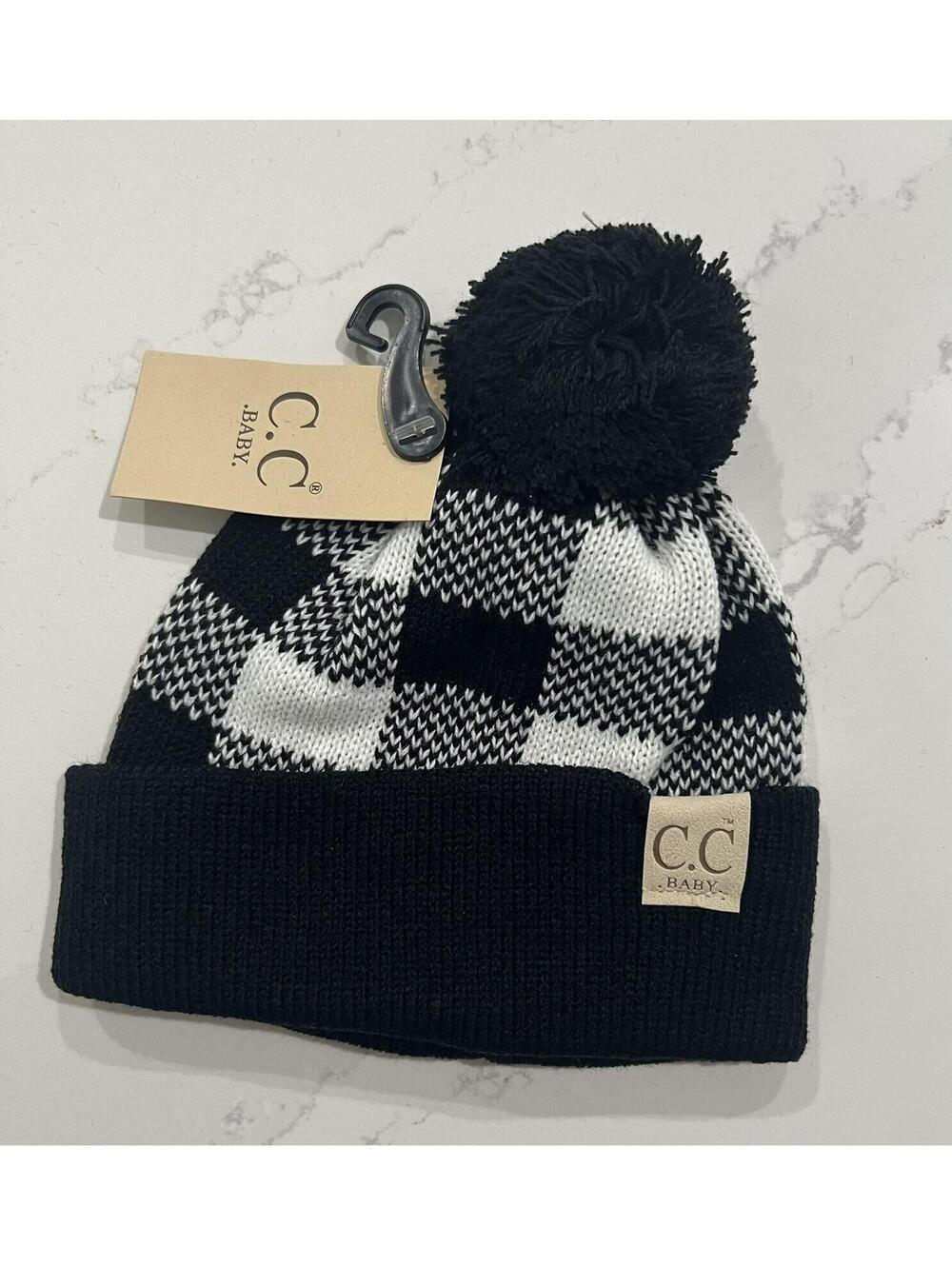CC Baby Single Pom Buffalo Plaid Infant Beanie Black/White, Newborn to 9 months